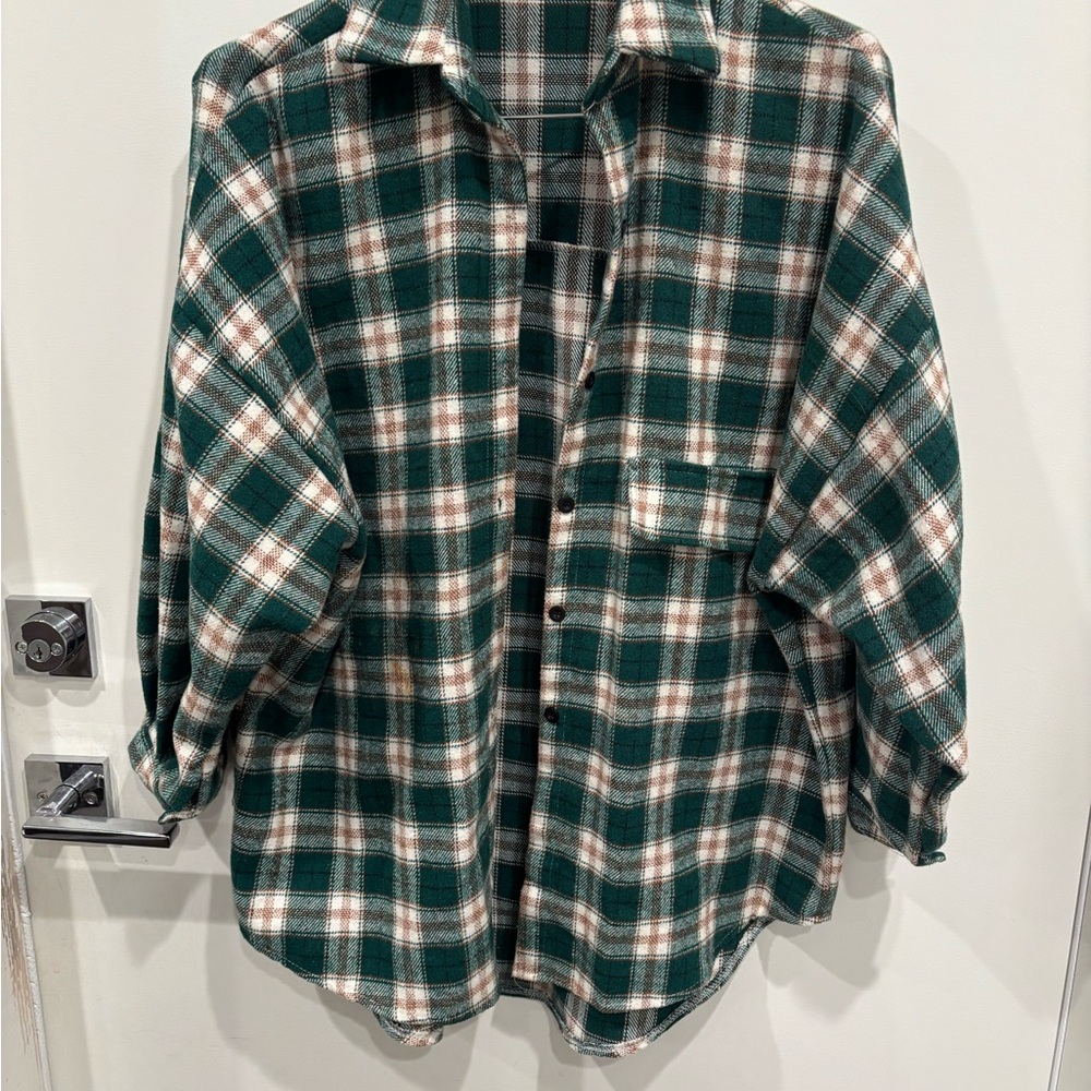 Cherry koko Green Plaid Button-Up oversized shirt jacket.